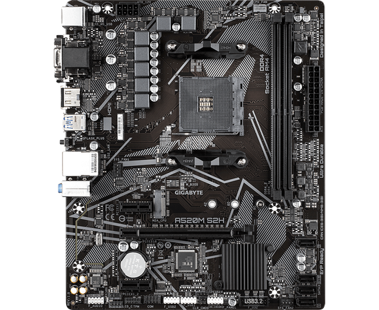  MB sAM4 Gigabyte A520M S2H, AMD A520, 2xDDR4-3200, D-SUB+DVI-D+HDMI, 1xPCI-Ex16, 2xPCI-Ex1, 4xSATA3(RAID 0/1/10), 1xM.2, 8 Ch Audio, GLan, (2+4)xUSB2.0 