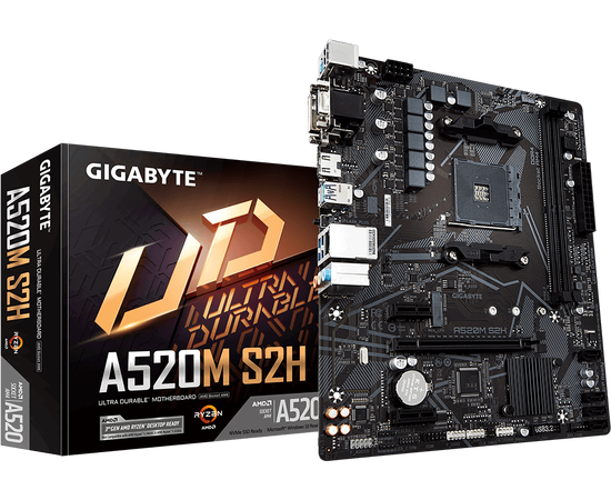  MB sAM4 Gigabyte A520M S2H, AMD A520, 2xDDR4-3200, D-SUB+DVI-D+HDMI, 1xPCI-Ex16, 2xPCI-Ex1, 4xSATA3(RAID 0/1/10), 1xM.2, 8 Ch Audio, GLan, (2+4)xUSB2.0 