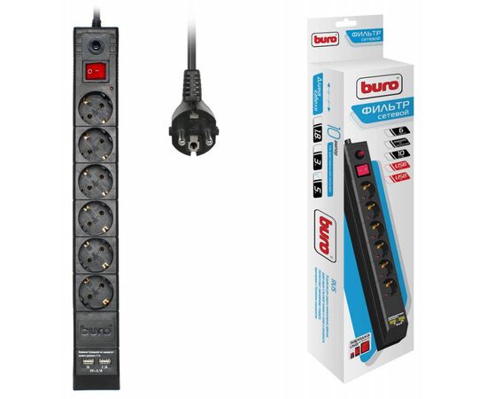  Сетевой фильтр Buro BU-SP5_USB_2A-B 5м (6 розеток) черный 