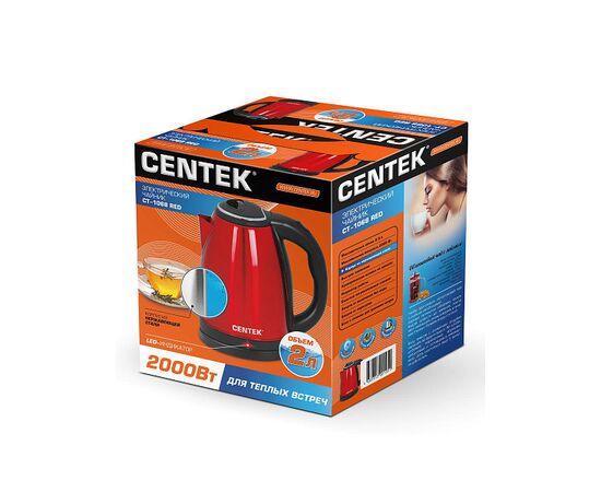  Чайник Centek СТ- 1068 (красный) мет алл 2л. 2000Вт. хромированная вставка на крышке 