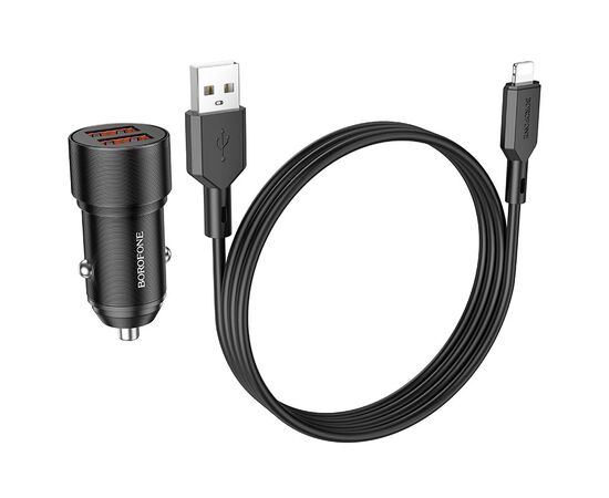  Блок питания автомобильный 2 USB Borofone BZ19, Wisdom, 12Вт, кабель  8 pin, цвет: чёрный (1/94/376) 
