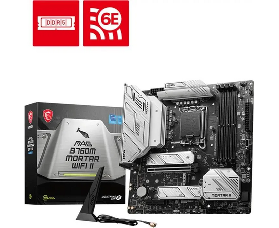  MB s1700 MSI Mag B760M Mortar Wifi II, 4*DDR5, 1*PCIEx16, 1*PCIEx4, 3*M.2, 2*TypeC, 3*USB3.2Gen2, 2*USB3.2Gen1, 8*USB2.0, 4*SATA3.0, 2.5G, DP, HDMI 
