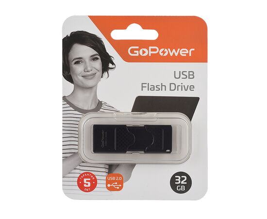  Флеш-накопитель GoPower SLIDER 32GB USB2.0 пластик черный матовый (1/50/1000) 