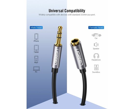  Кабель UGREEN AV118 10594 3.5mm Male to 3.5mm Female Extension Cable 2m Black 