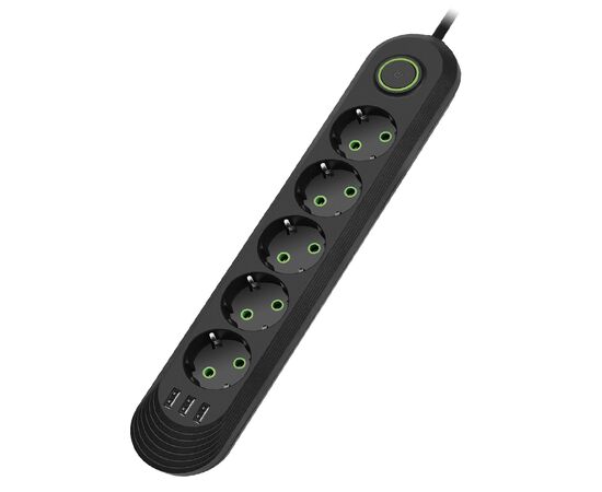  Amper сетевой удлинитель, 2,0м, 5 розеток, 3*0,75мм, 10А, 2500 Вт, 3usb, черный. 